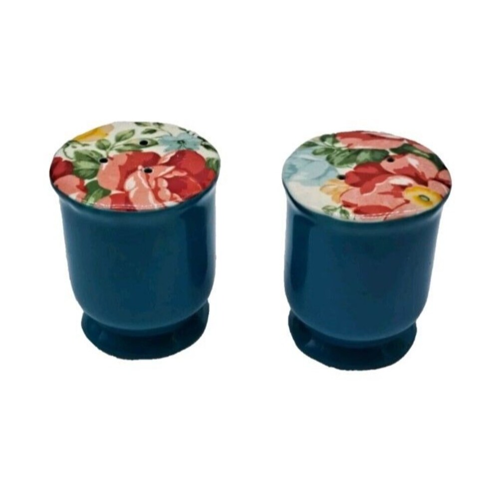 The Pioneer Woman Flea Market Floral Salt & Pepper Shaker Set Blue Teal Ceramic